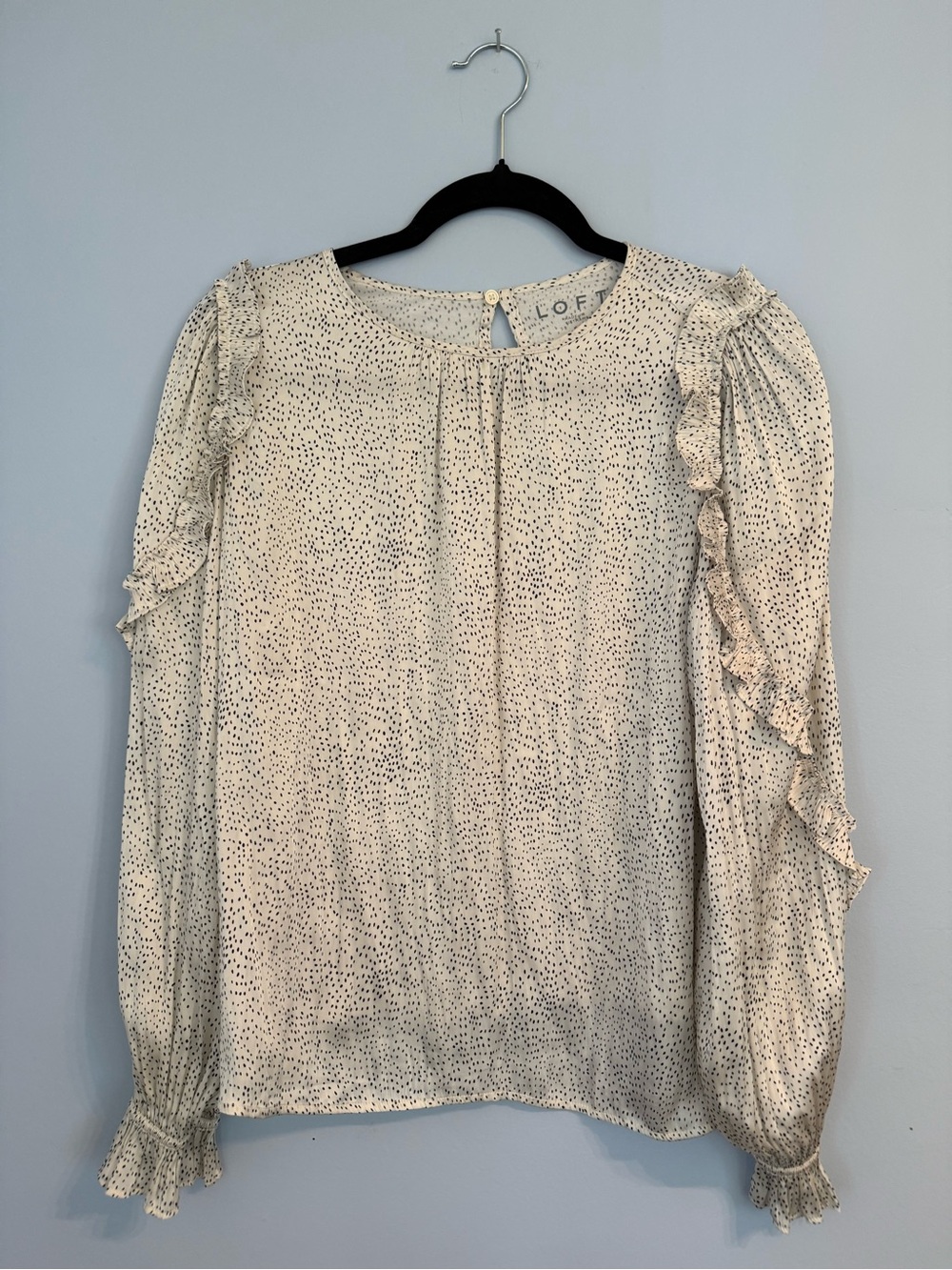 LOFT Cream & Black Polka Dot Ruffle Long-Sleeve Blouse Women's M